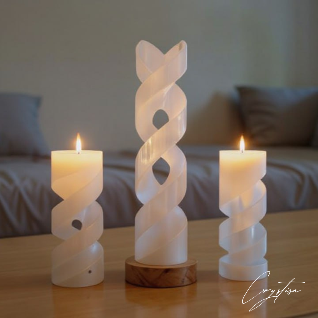 Pack Spirale de Sélénite - Lampe & 2 Bougeoirs