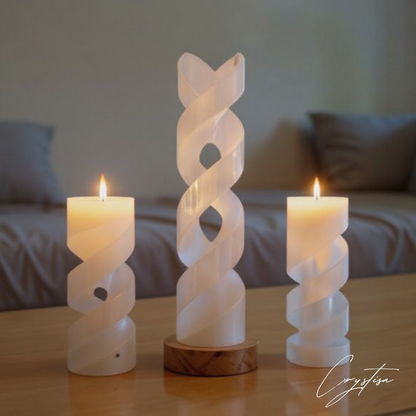 Pack Spirale de Sélénite - Lampe & 2 Bougeoirs