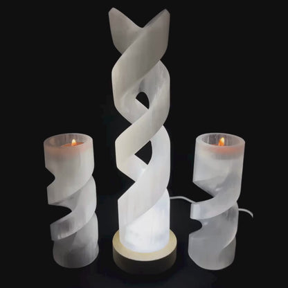 Pack Spirale de Sélénite - Lampe & 2 Bougeoirs